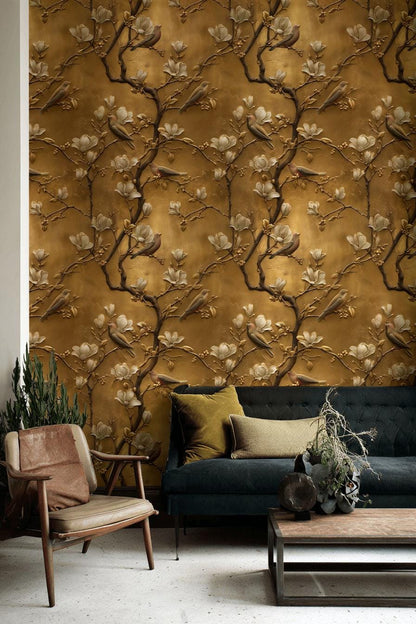 Luxury 3D Gold Leaf Wallpaper | Embossed Chinoiserie Bird Mural | Peel & Stick or Traditional Art
