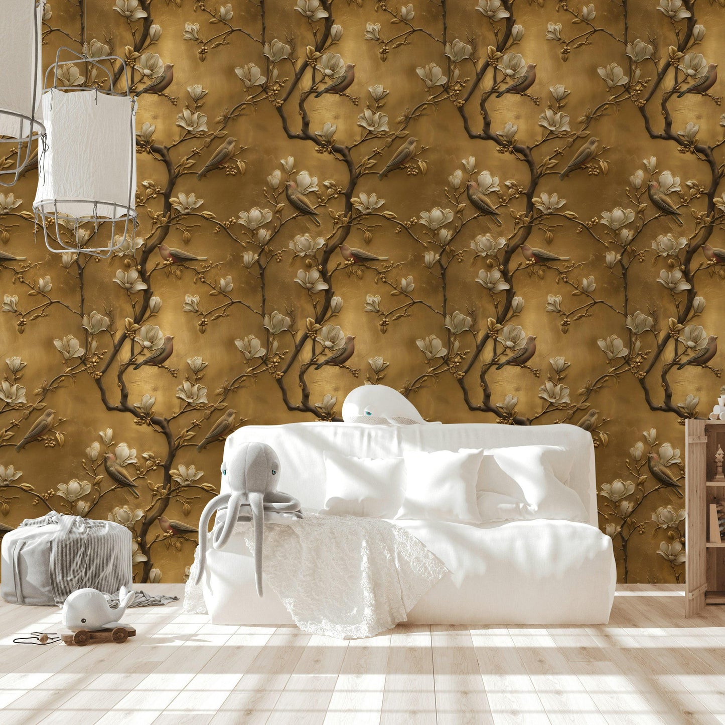 Luxury 3D Gold Leaf Wallpaper | Embossed Chinoiserie Bird Mural | Peel & Stick or Traditional Art
