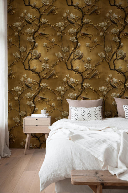 Luxury 3D Gold Leaf Wallpaper | Embossed Chinoiserie Bird Mural | Peel & Stick or Traditional Art