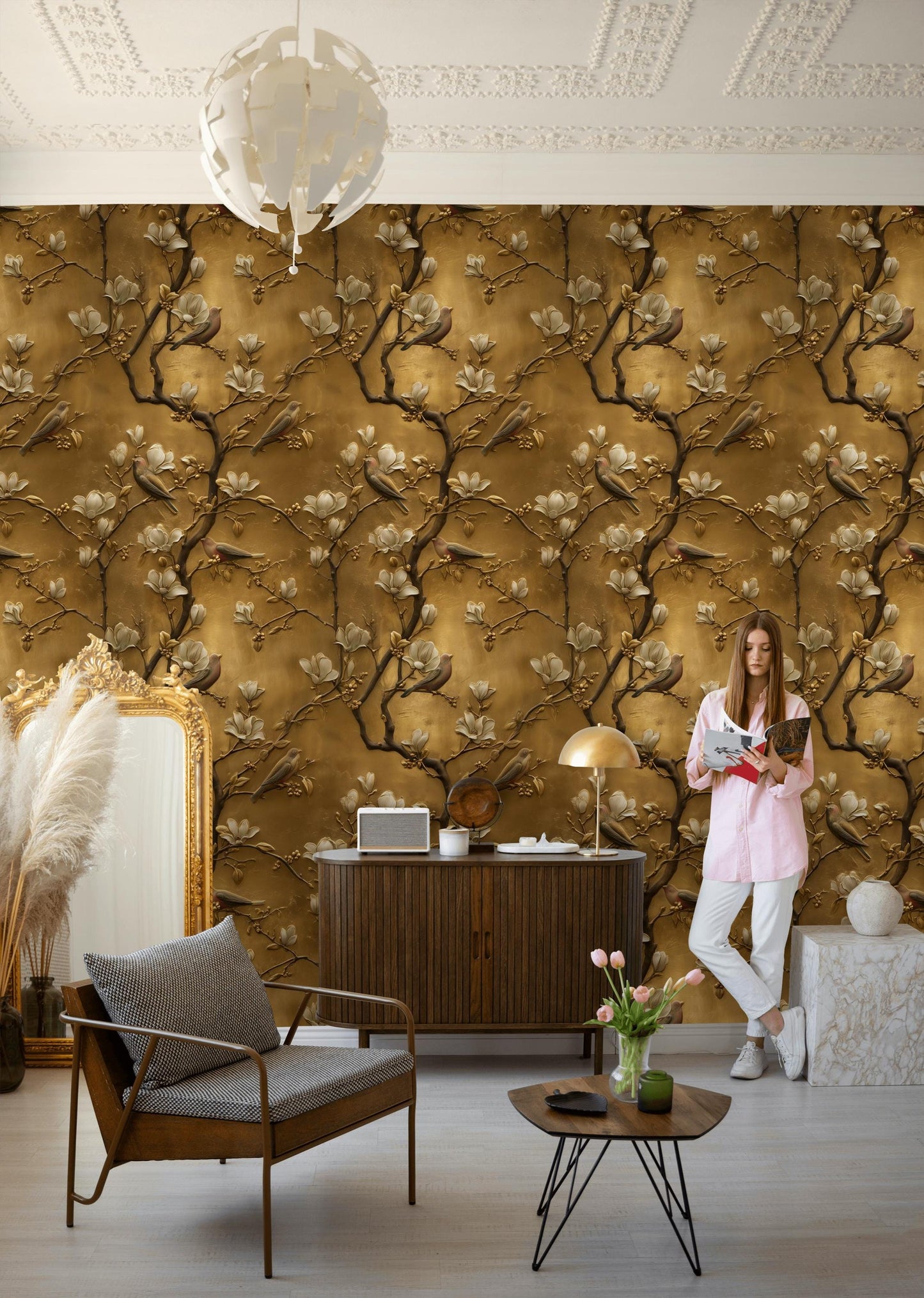 Luxury 3D Gold Leaf Wallpaper | Embossed Chinoiserie Bird Mural | Peel & Stick or Traditional Art