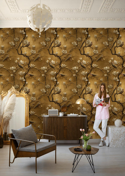Luxury 3D Gold Leaf Wallpaper | Embossed Chinoiserie Bird Mural | Peel & Stick or Traditional Art