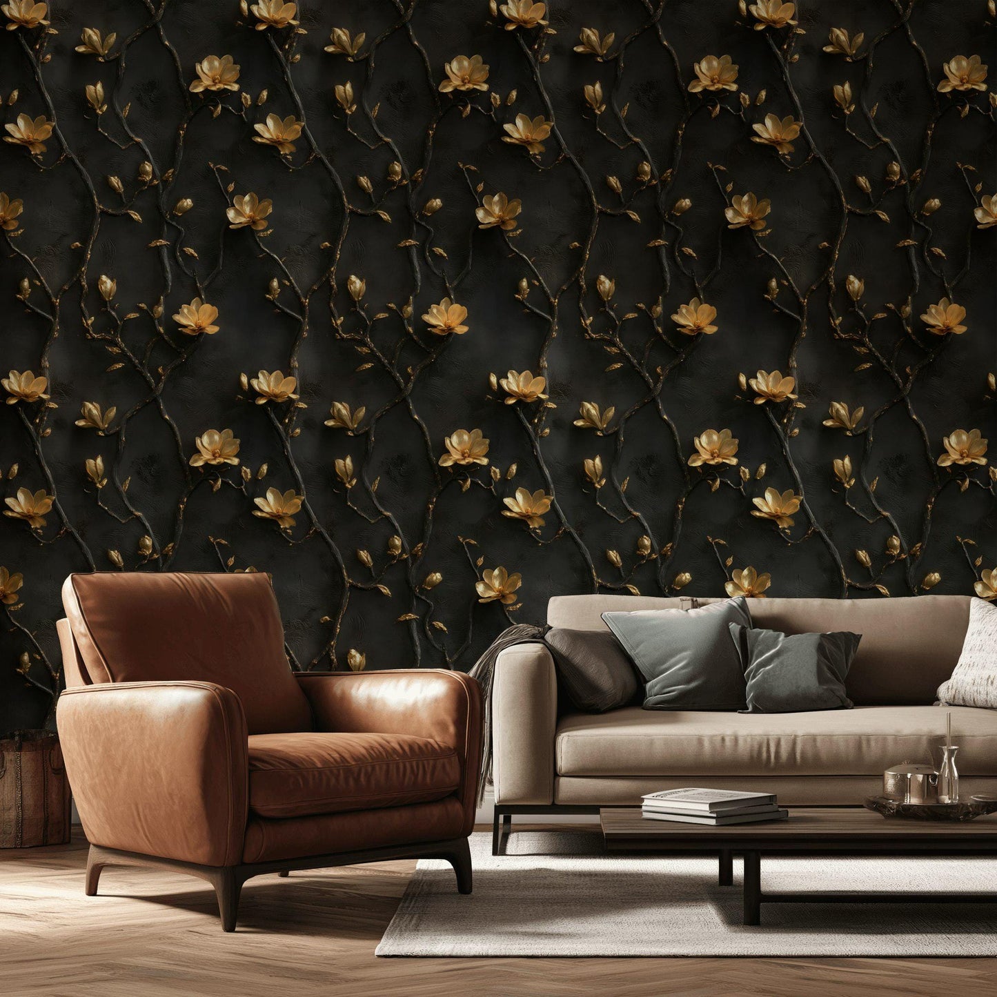 Black and Gold Floral Wallpaper | 3D Embossed Magnolia Mural