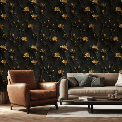 Black and Gold Floral Wallpaper | 3D Embossed Magnolia Mural