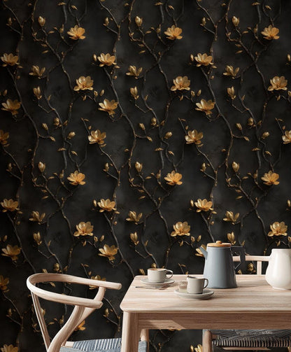 Black and Gold Floral Wallpaper | 3D Embossed Magnolia Mural