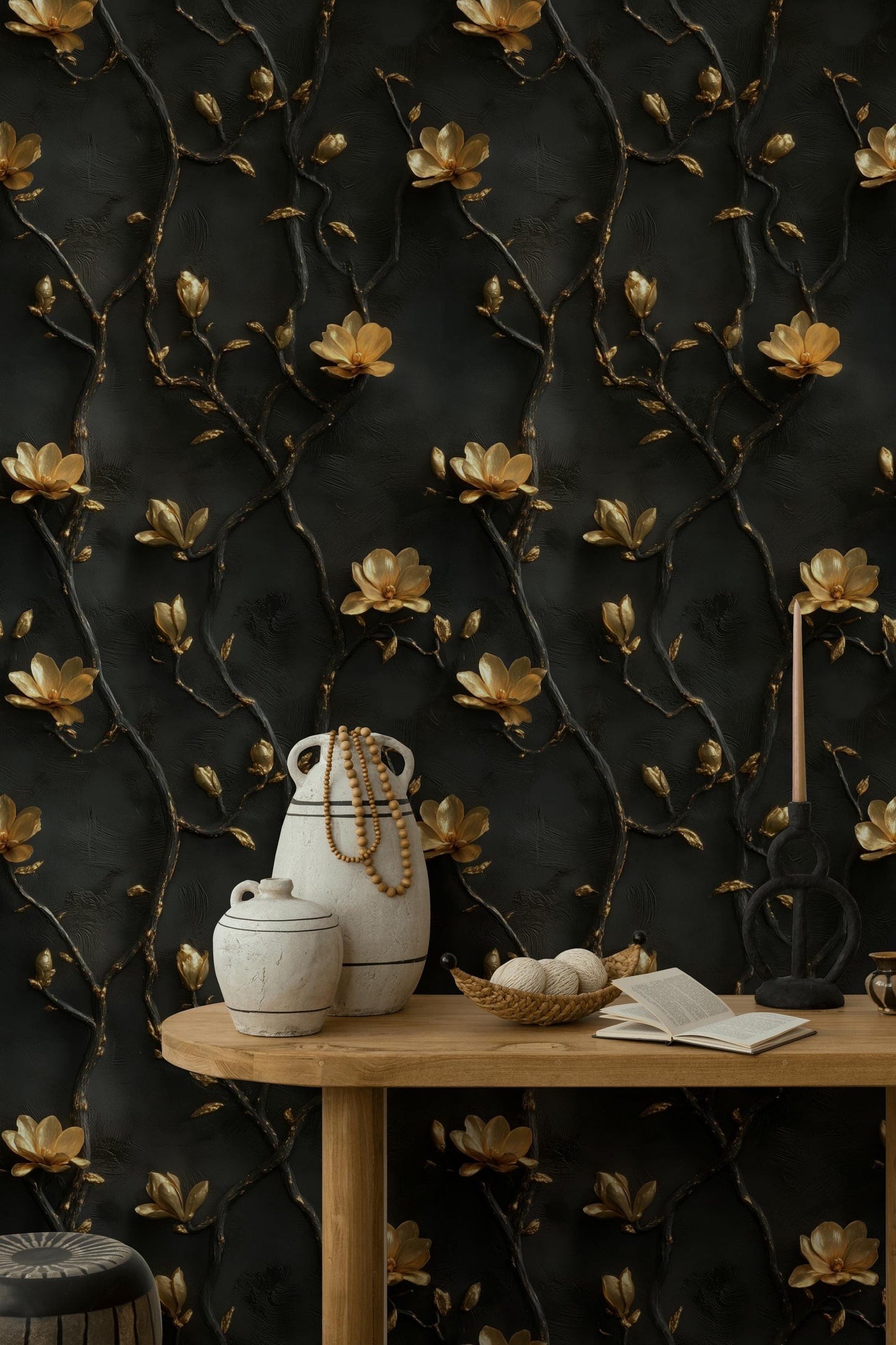 Black and Gold Floral Wallpaper | 3D Embossed Magnolia Mural