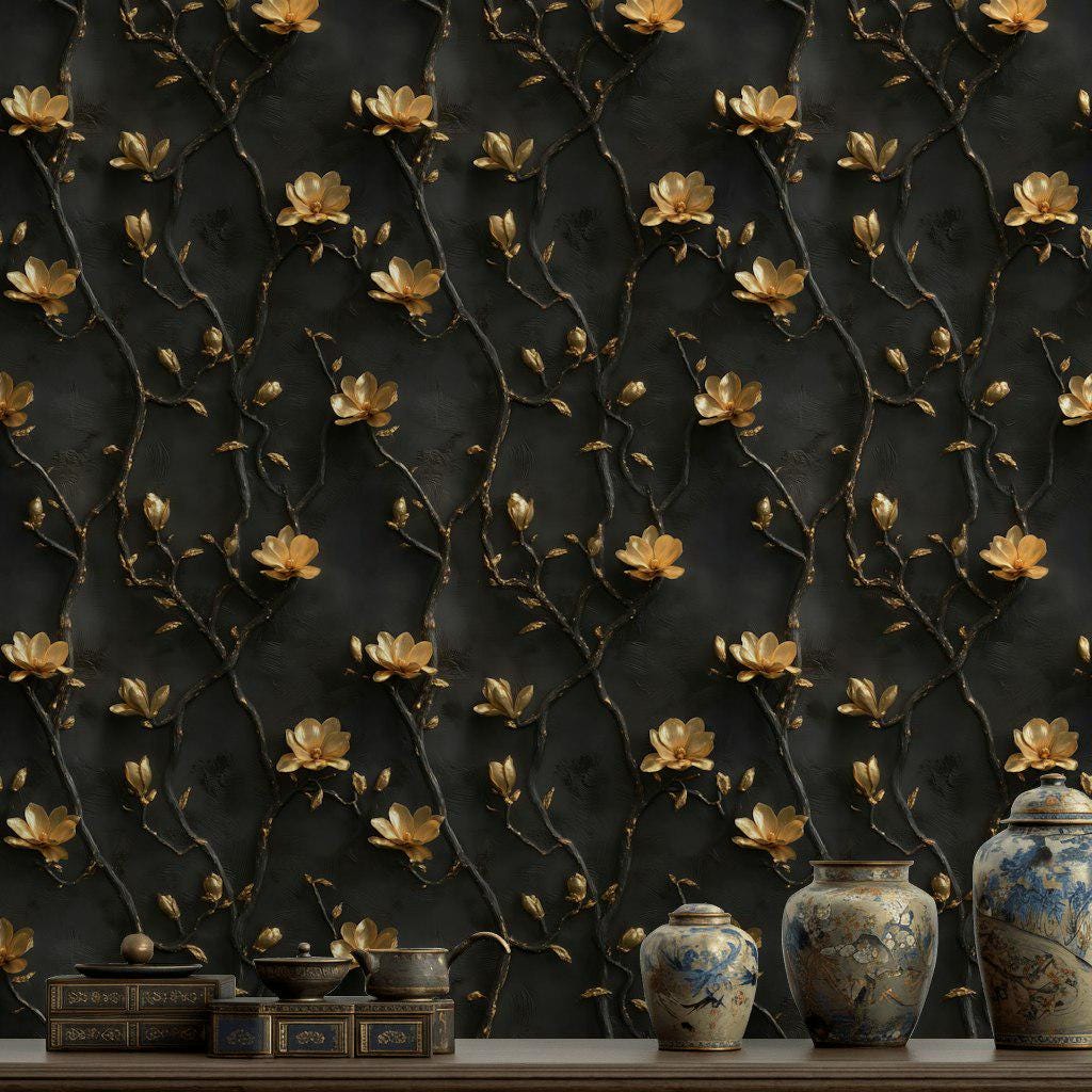 Black and Gold Floral Wallpaper | 3D Embossed Magnolia Mural