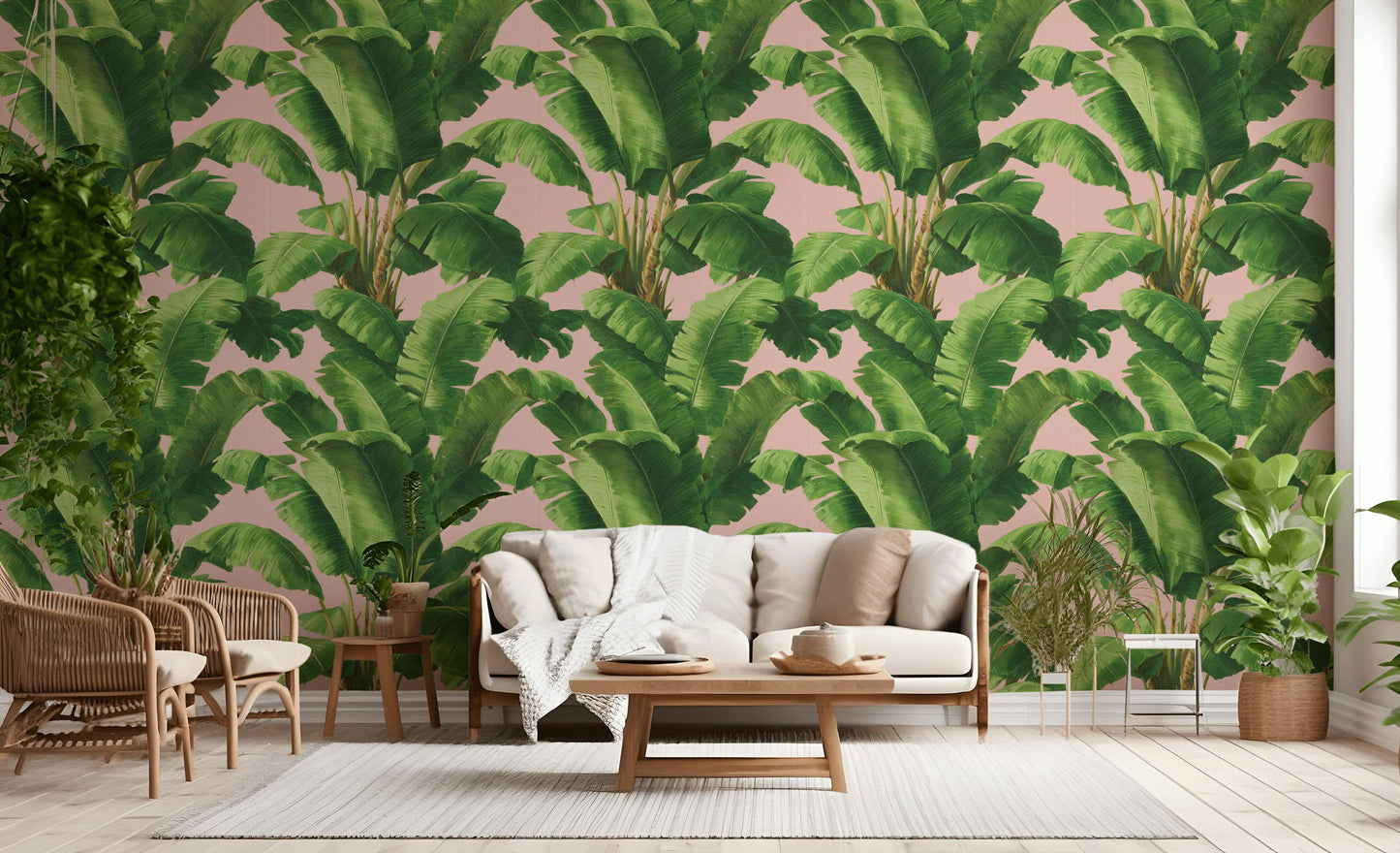 Pink Tropical Banana Leaf Wallpaper | Boho Palm Frond Mural