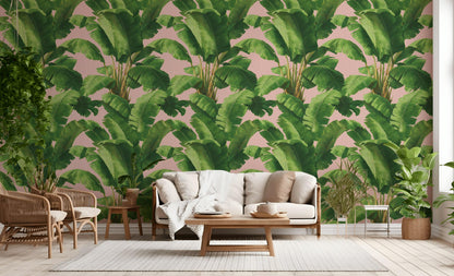 Pink Tropical Banana Leaf Wallpaper | Boho Palm Frond Mural