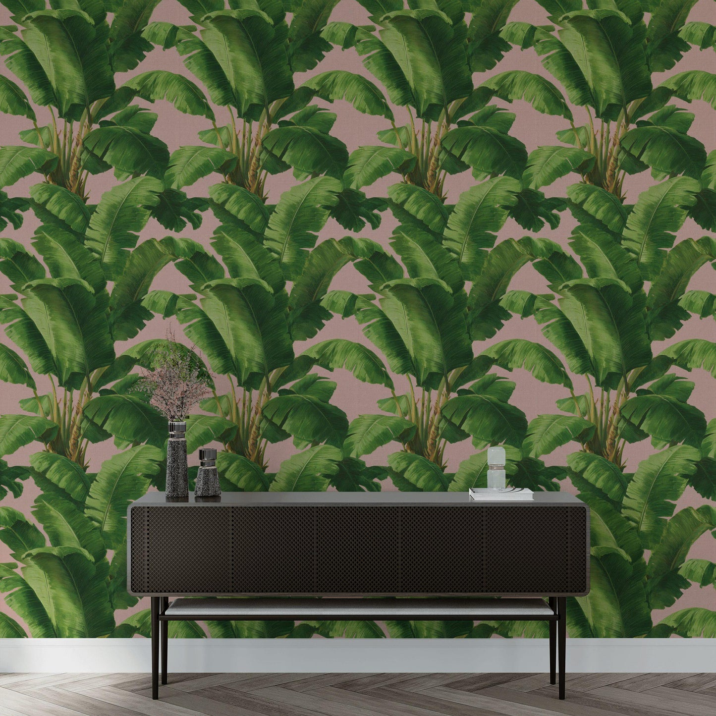 Pink Tropical Banana Leaf Wallpaper | Boho Palm Frond Mural