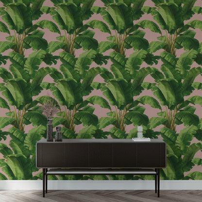 Pink Tropical Banana Leaf Wallpaper | Boho Palm Frond Mural