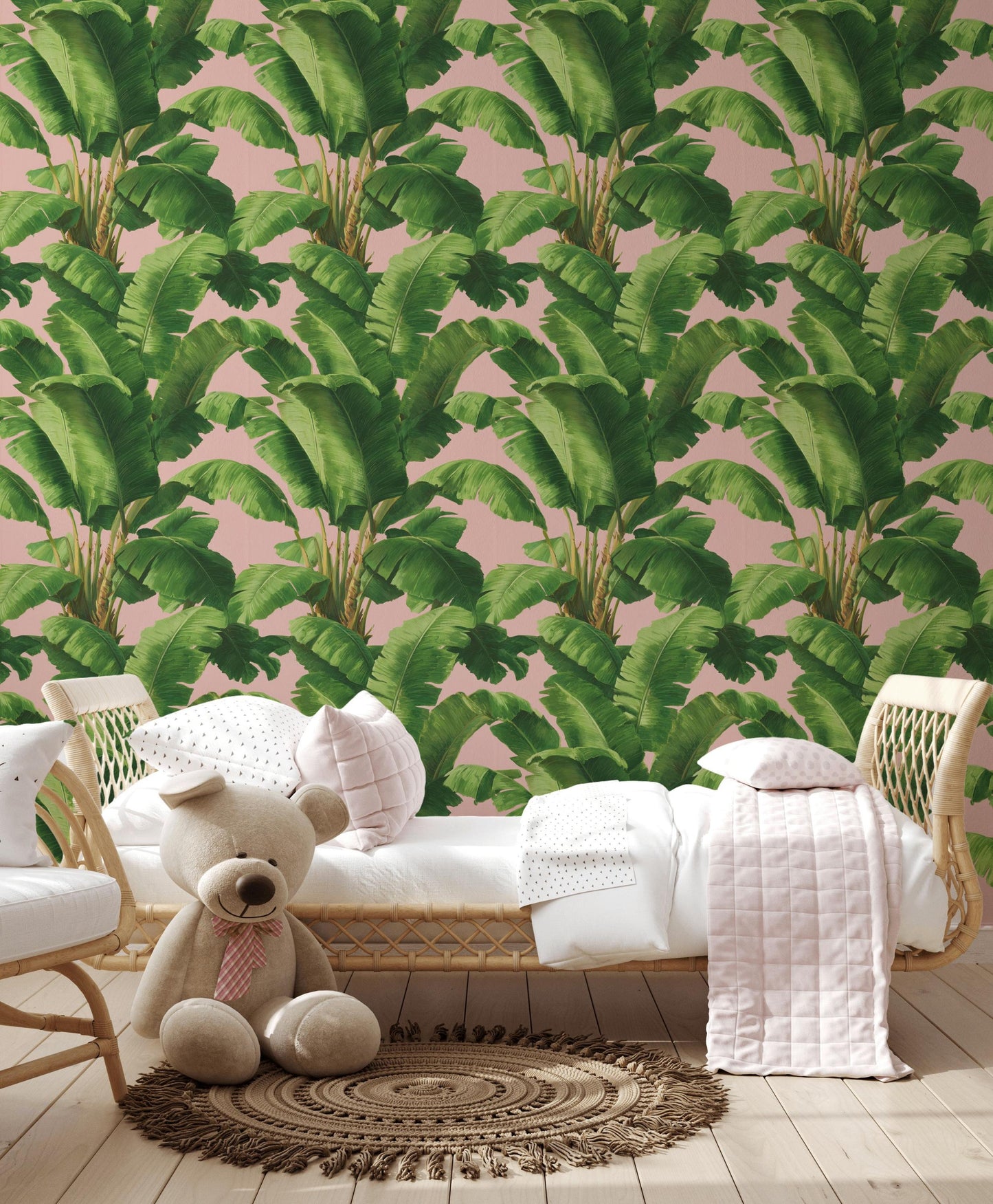 Pink Tropical Banana Leaf Wallpaper | Boho Palm Frond Mural