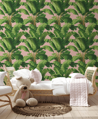 Pink Tropical Banana Leaf Wallpaper | Boho Palm Frond Mural