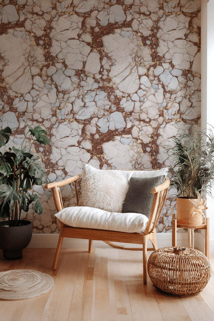 Kintsugi Marble Wallpaper White Brown Faux Stone Mural Gold Accent Peel Stick Decor