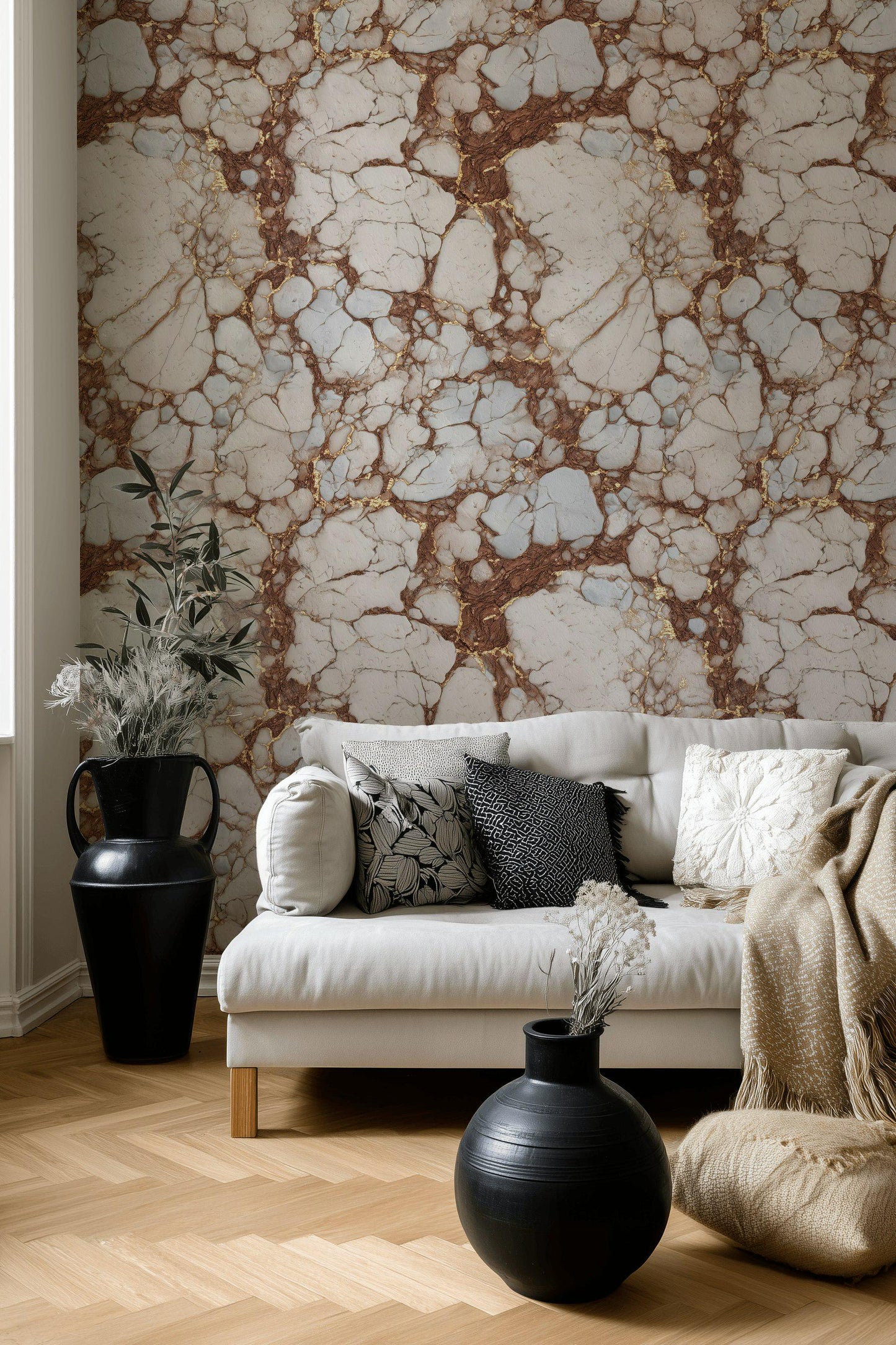 Kintsugi Marble Wallpaper White Brown Faux Stone Mural Gold Accent Peel Stick Decor