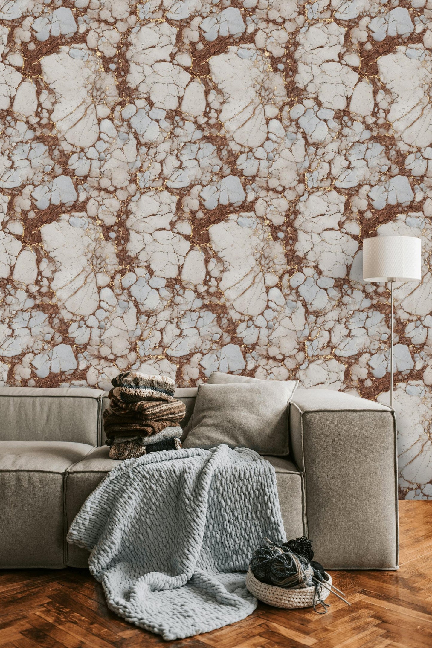 Kintsugi Marble Wallpaper White Brown Faux Stone Mural Gold Accent Peel Stick Decor
