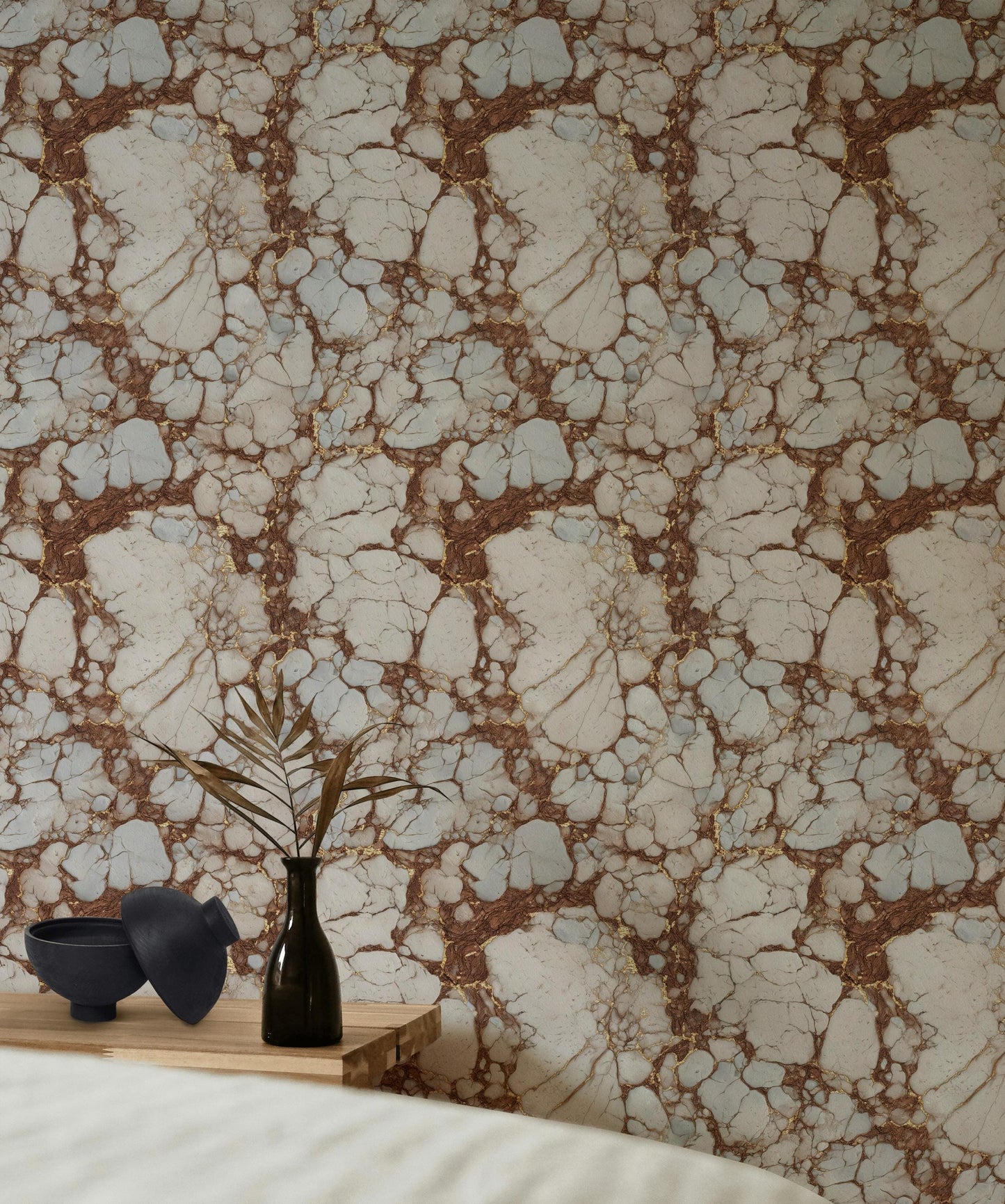 Kintsugi Marble Wallpaper White Brown Faux Stone Mural Gold Accent Peel Stick Decor