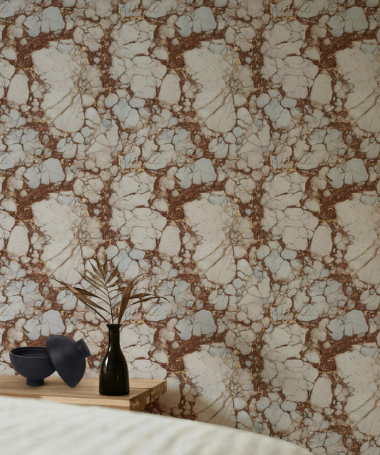 Kintsugi Marble Wallpaper White Brown Faux Stone Mural Gold Accent Peel Stick Decor