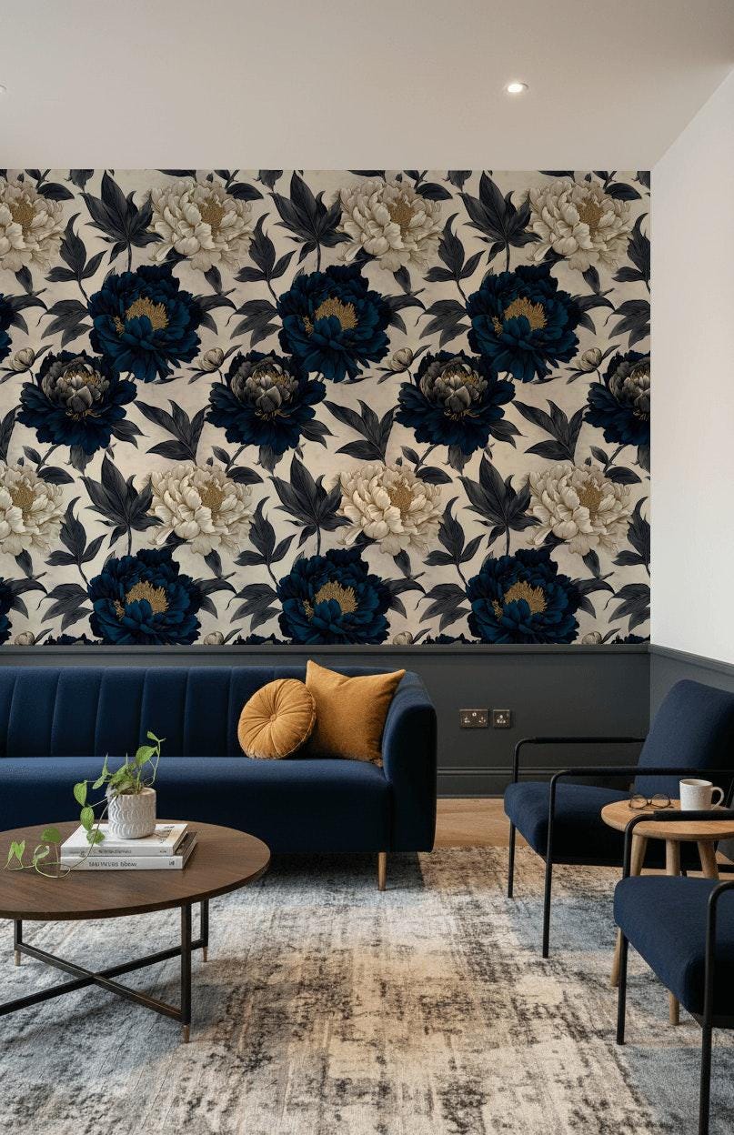 Moody Navy Peony Wall Mural | Gold Floral Peel and Stick Wallpaper