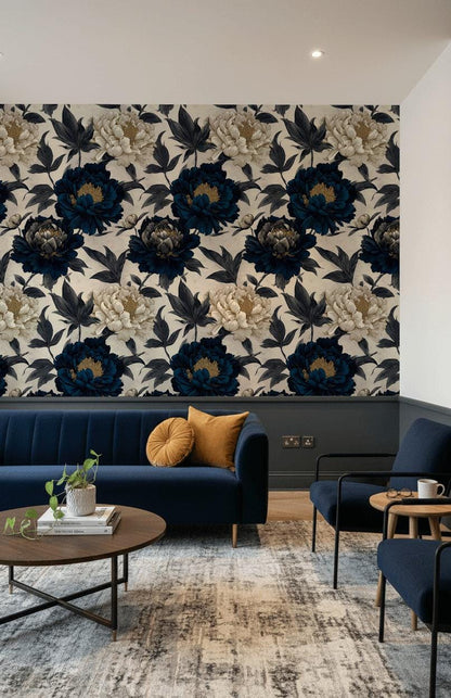Moody Navy Peony Wall Mural | Gold Floral Peel and Stick Wallpaper