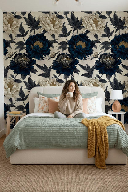 Moody Navy Peony Wall Mural | Gold Floral Peel and Stick Wallpaper