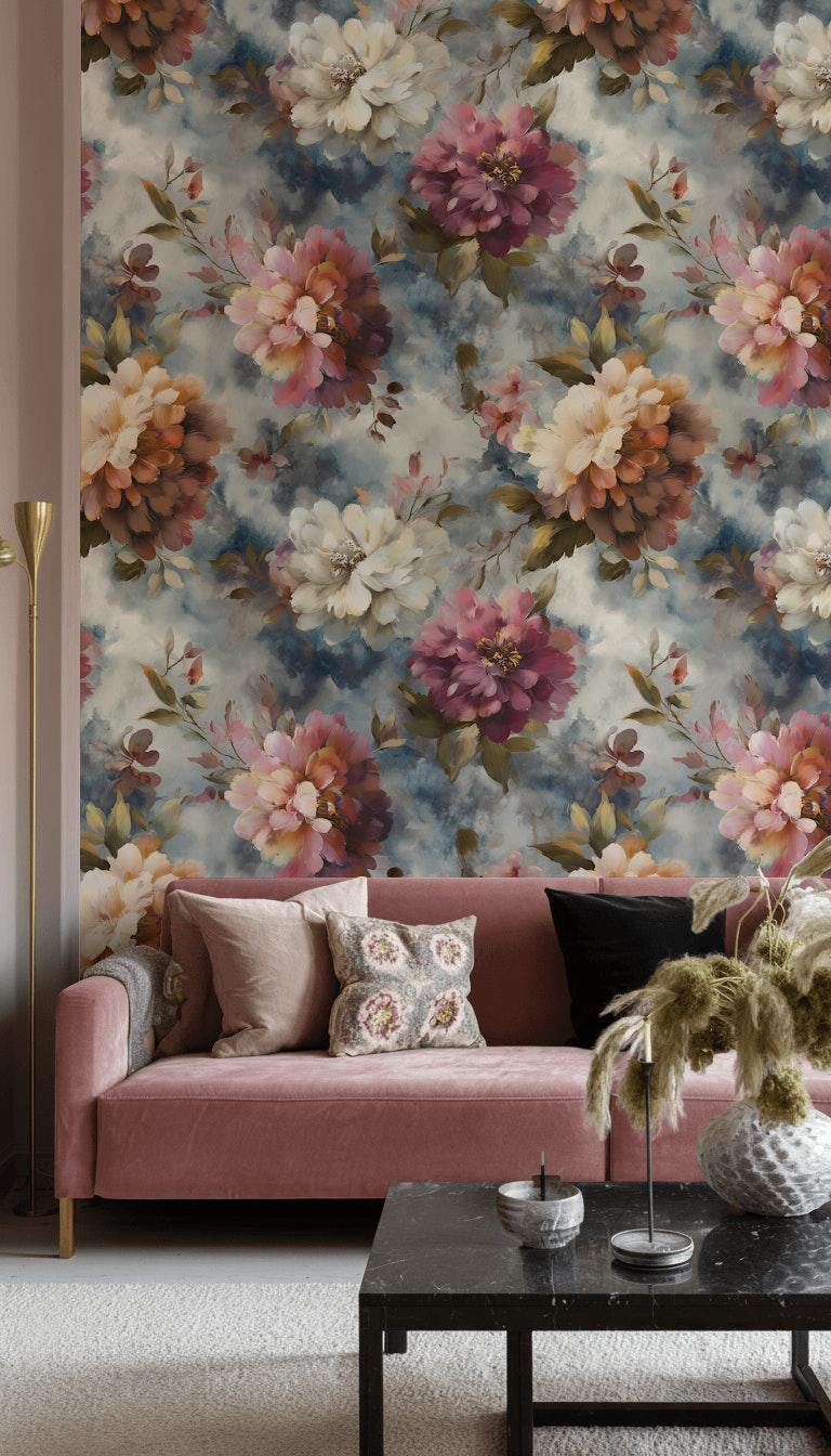 Romantic Watercolor Floral Wallpaper | Large Pink Peony Wall Mural | Dusty Rose Peel and Stick