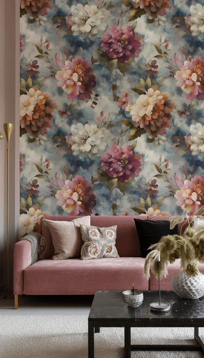 Romantic Watercolor Floral Wallpaper | Large Pink Peony Wall Mural | Dusty Rose Peel and Stick