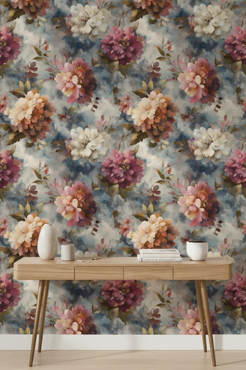 Romantic Watercolor Floral Wallpaper | Large Pink Peony Wall Mural | Dusty Rose Peel and Stick