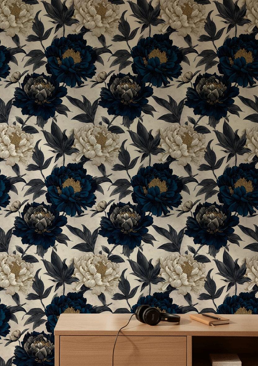 Moody Navy Peony Wall Mural | Gold Floral Peel and Stick Wallpaper