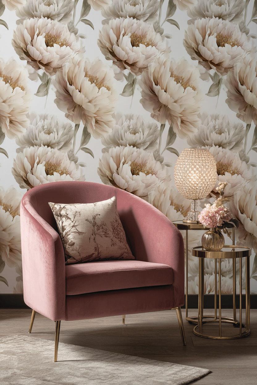 Neutral Peony Wall Mural | Large Cream Floral Wallpaper | Minimalist Bedroom Peel and Stick
