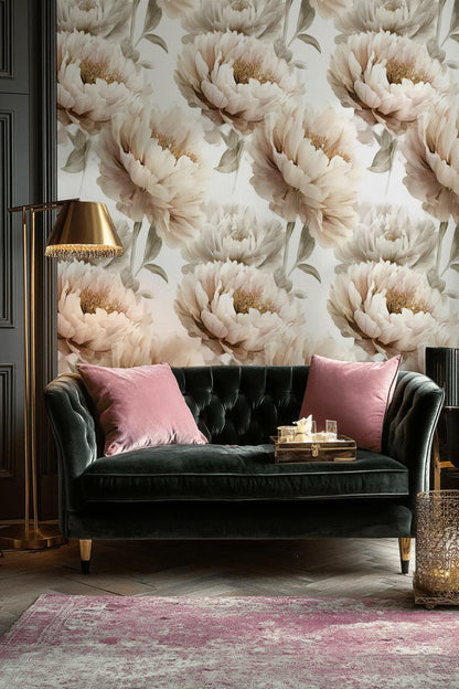 Neutral Peony Wall Mural | Large Cream Floral Wallpaper | Minimalist Bedroom Peel and Stick