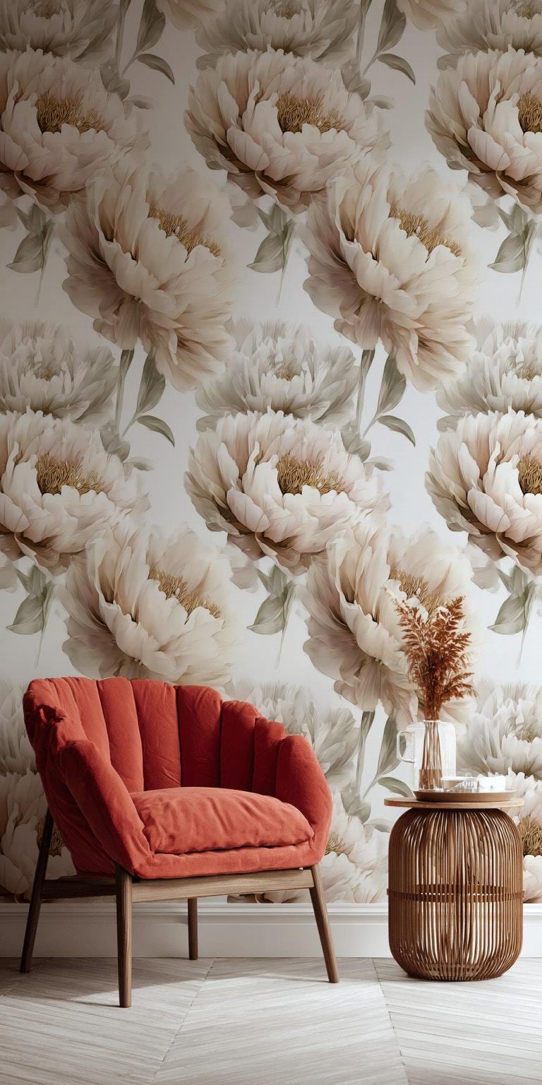 Neutral Peony Wall Mural | Large Cream Floral Wallpaper | Minimalist Bedroom Peel and Stick