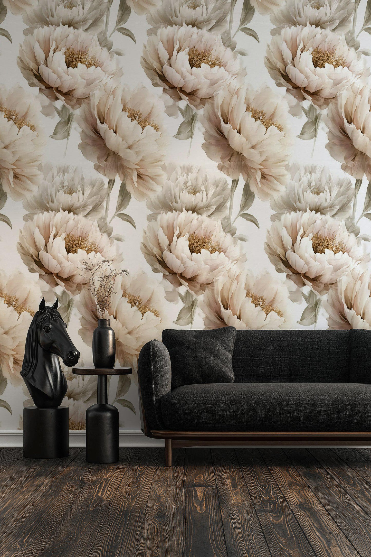 Neutral Peony Wall Mural | Large Cream Floral Wallpaper | Minimalist Bedroom Peel and Stick