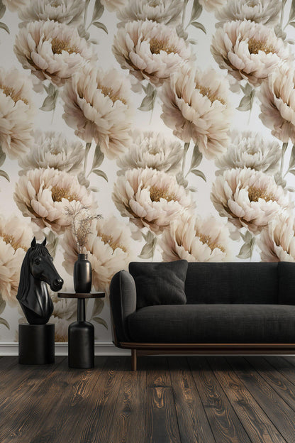 Neutral Peony Wall Mural | Large Cream Floral Wallpaper | Minimalist Bedroom Peel and Stick