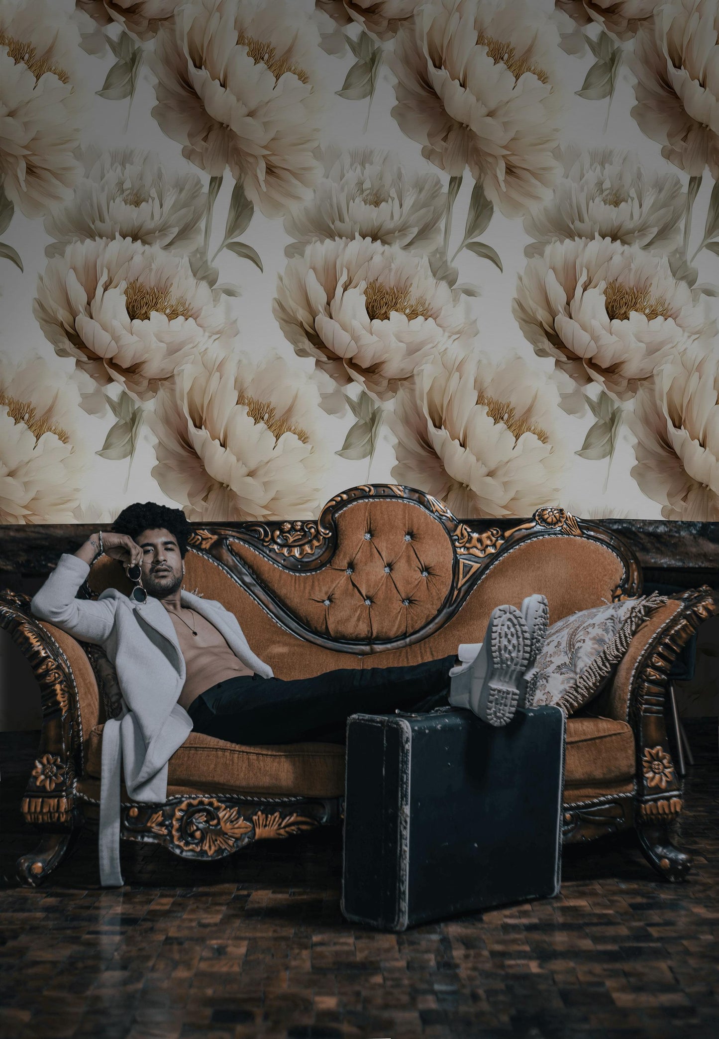 Neutral Peony Wall Mural | Large Cream Floral Wallpaper | Minimalist Bedroom Peel and Stick