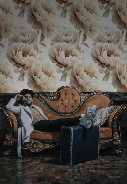 Neutral Peony Wall Mural | Large Cream Floral Wallpaper | Minimalist Bedroom Peel and Stick