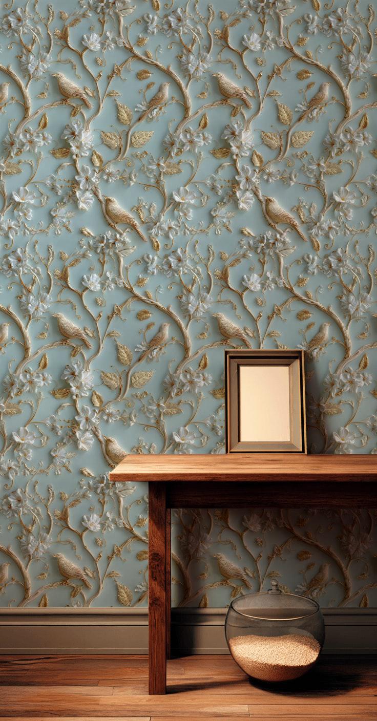 Chinoiserie Bird Wallpaper with 3D Effect Gold Branch Wall Mural Light Blue Embossed