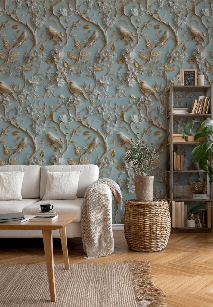 Chinoiserie Bird Wallpaper with 3D Effect Gold Branch Wall Mural Light Blue Embossed