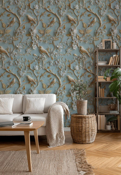 Chinoiserie Bird Wallpaper with 3D Effect Gold Branch Wall Mural Light Blue Embossed