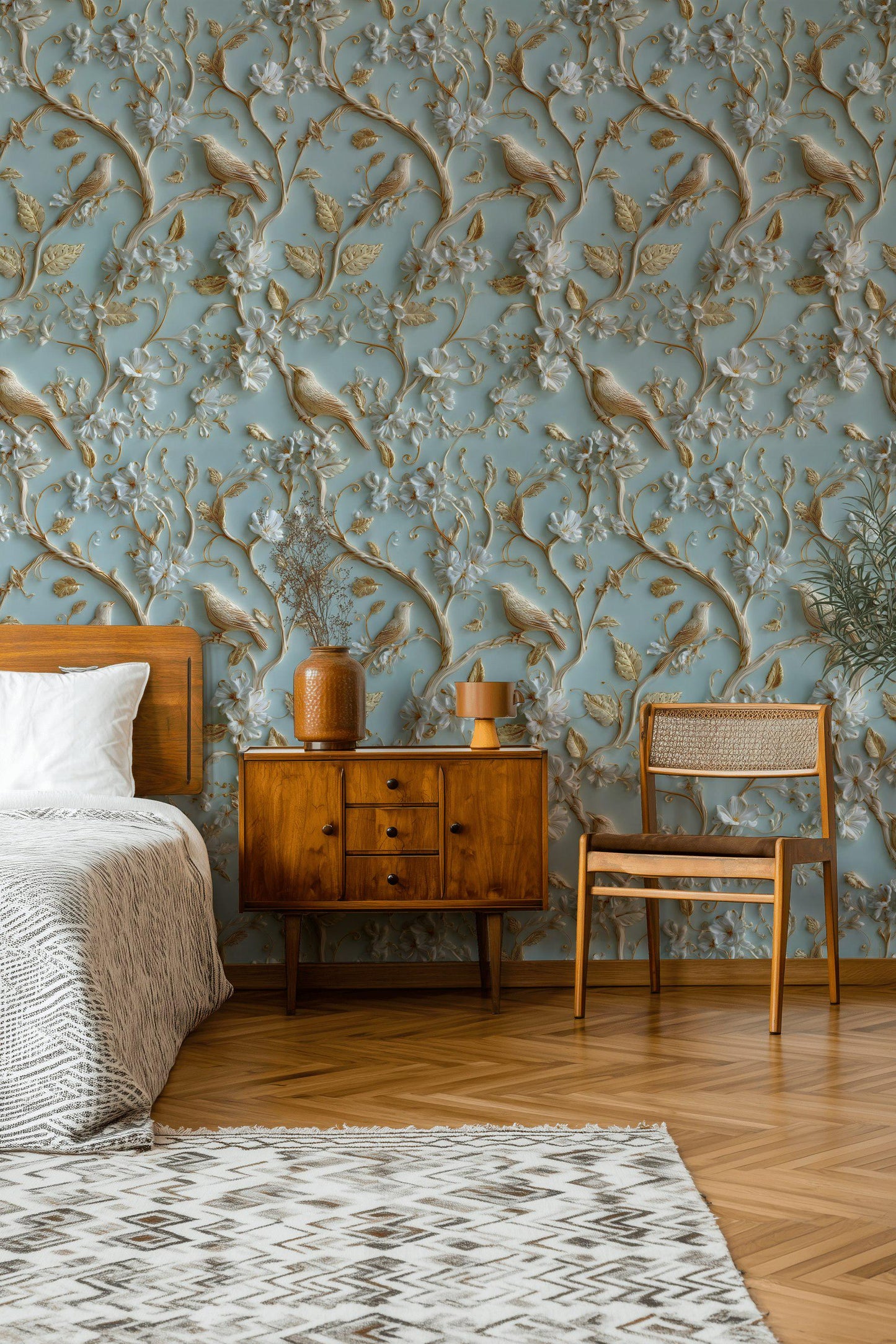 Chinoiserie Bird Wallpaper with 3D Effect Gold Branch Wall Mural Light Blue Embossed