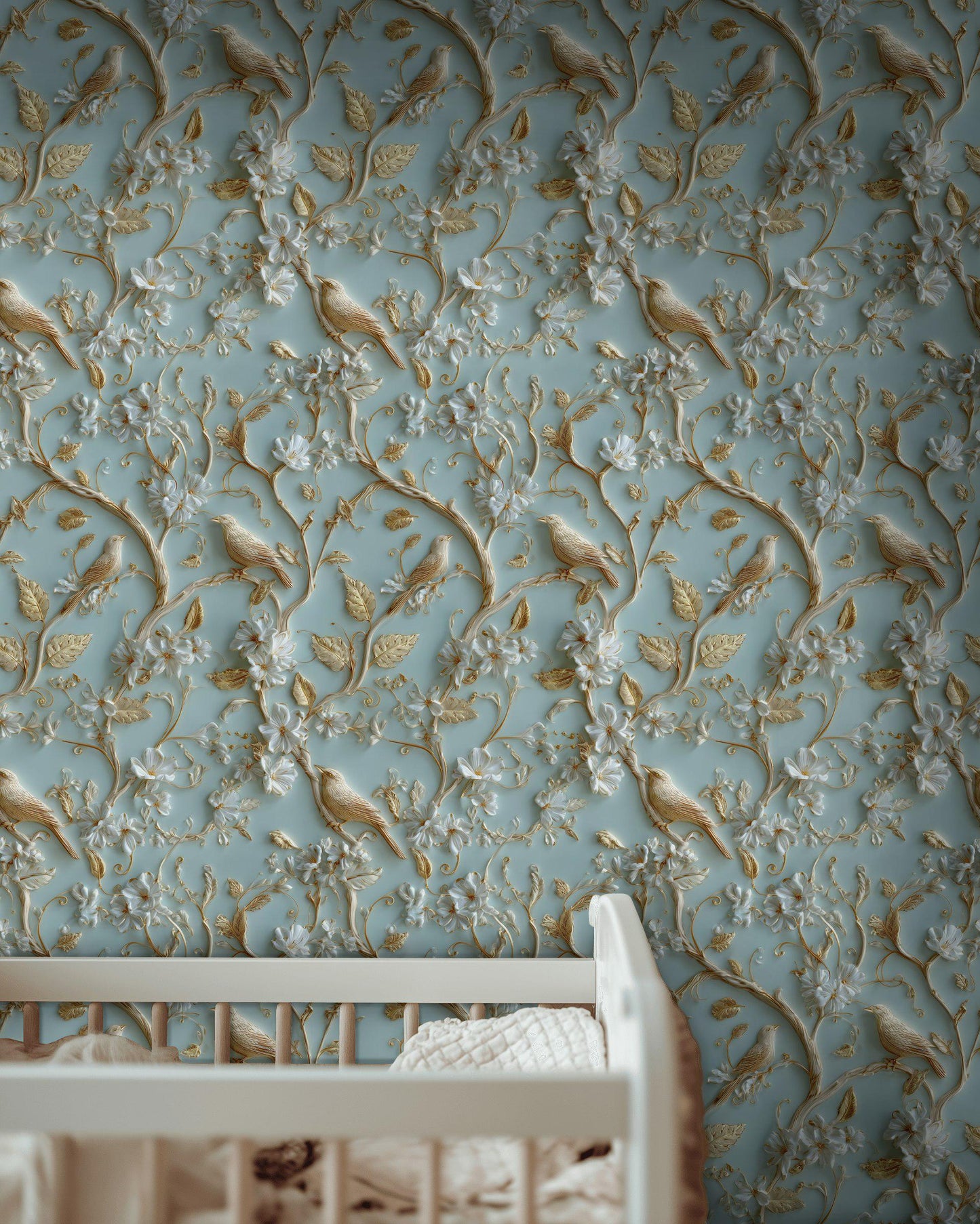 Chinoiserie Bird Wallpaper with 3D Effect Gold Branch Wall Mural Light Blue Embossed