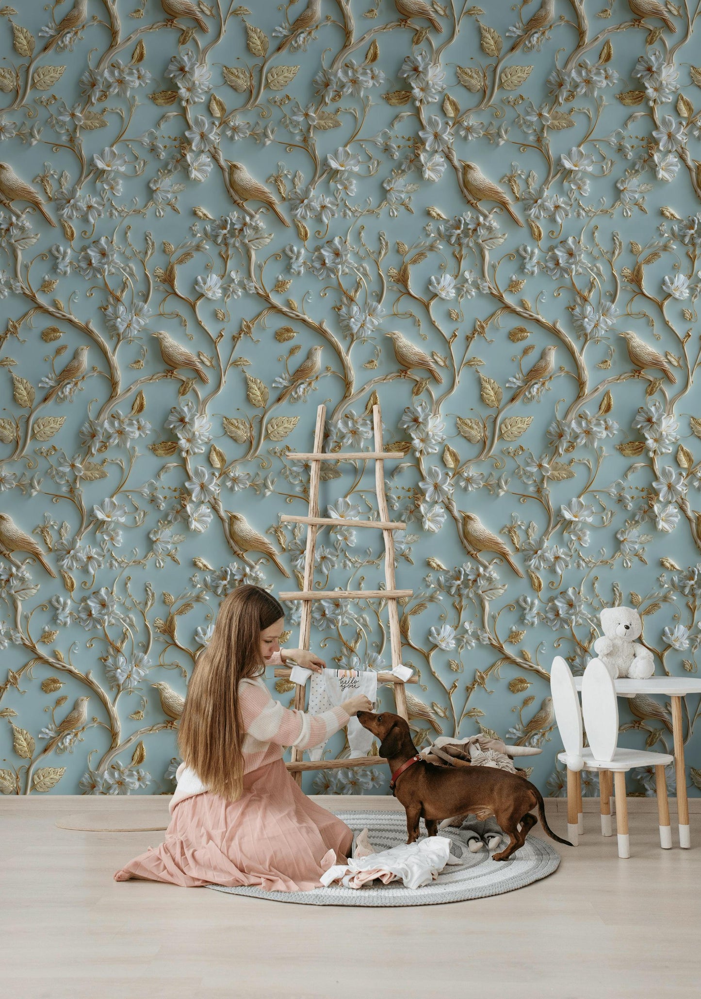 Chinoiserie Bird Wallpaper with 3D Effect Gold Branch Wall Mural Light Blue Embossed
