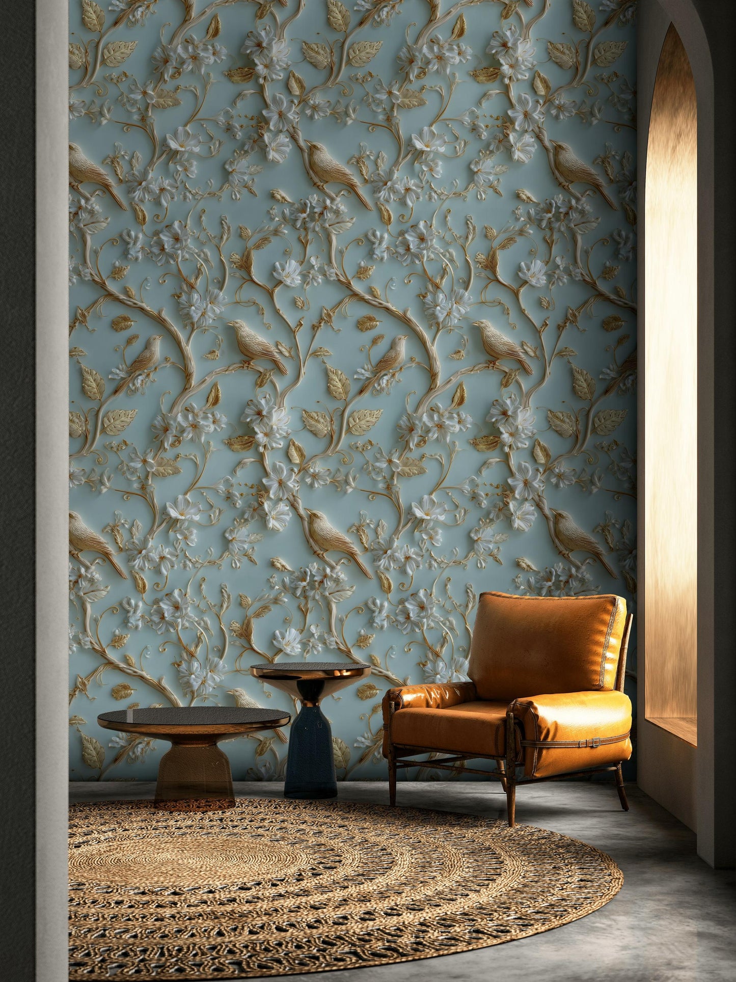 Chinoiserie Bird Wallpaper with 3D Effect Gold Branch Wall Mural Light Blue Embossed