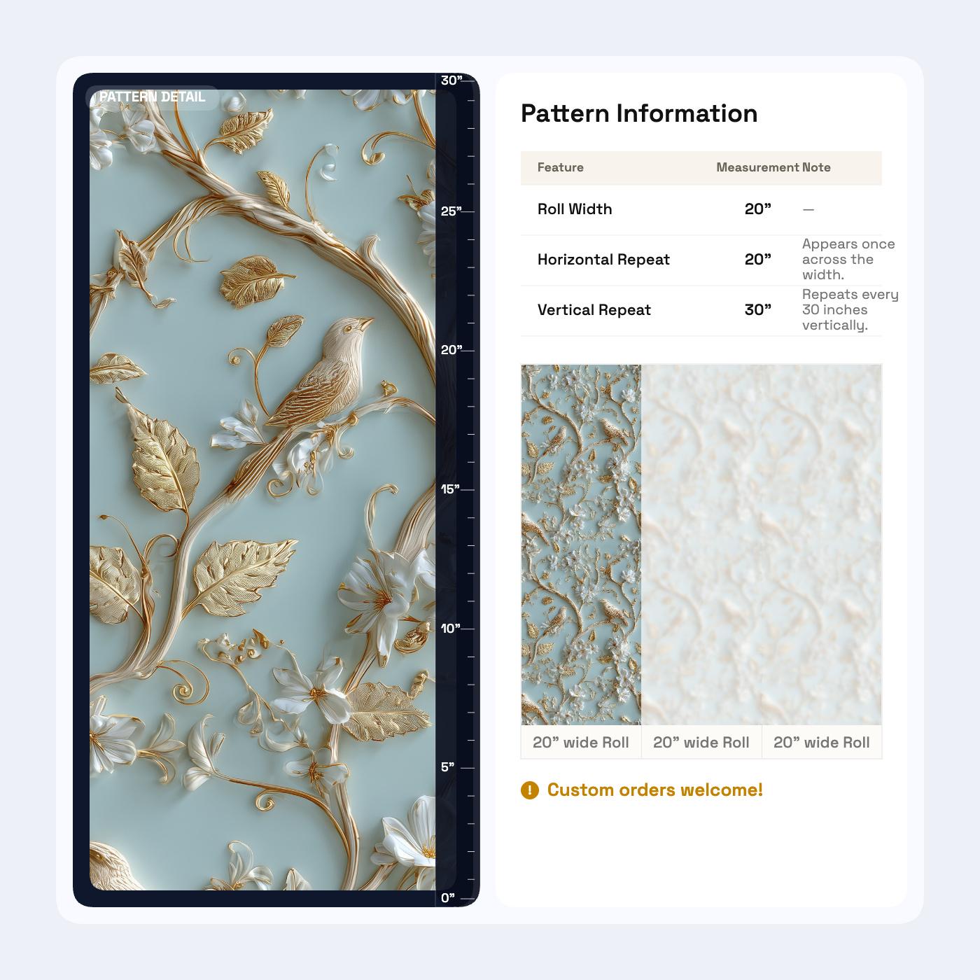 Chinoiserie Bird Wallpaper with 3D Effect Gold Branch Wall Mural Light Blue Embossed