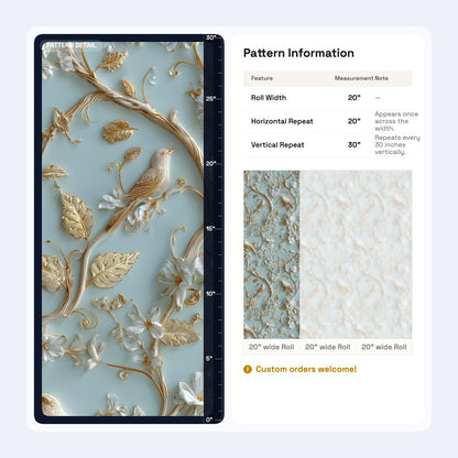 Chinoiserie Bird Wallpaper with 3D Effect Gold Branch Wall Mural Light Blue Embossed