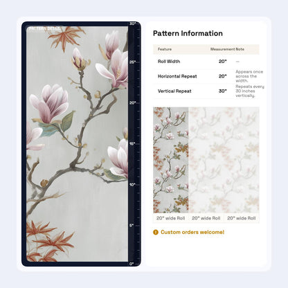 Vintage Magnolia Wallpaper | Soft Pink Floral Wall Mural | Peel & Stick or Traditional Chinoiserie Art