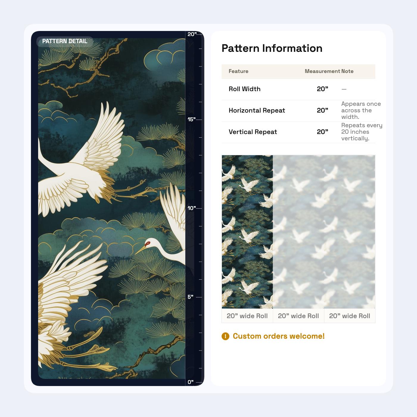Luxury Crane Bird Wallpaper | Dark Chinoiserie Wall Mural | Peel & Stick or Traditional Japanese Art