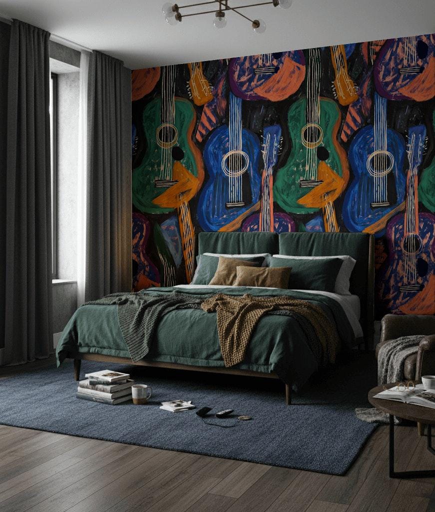 Abstract Guitar Wallpaper | Boho Music Wall Mural | Peel and Stick Art Print
