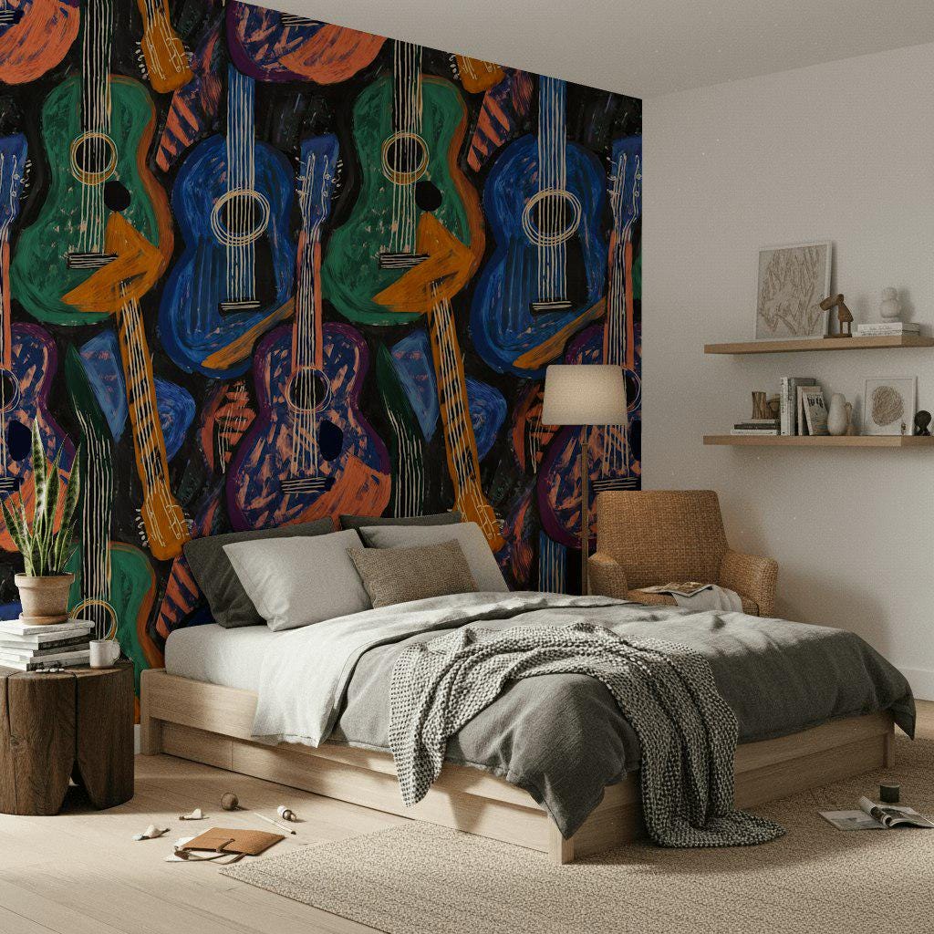 Abstract Guitar Wallpaper | Boho Music Wall Mural | Peel and Stick Art Print