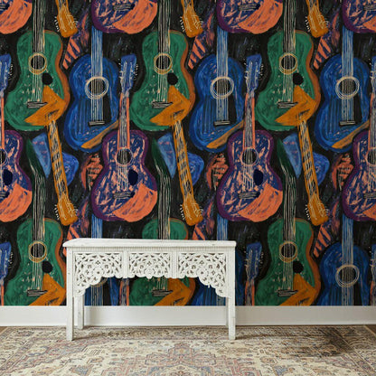 Abstract Guitar Wallpaper | Boho Music Wall Mural | Peel and Stick Art Print