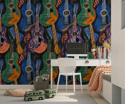 Abstract Guitar Wallpaper | Boho Music Wall Mural | Peel and Stick Art Print